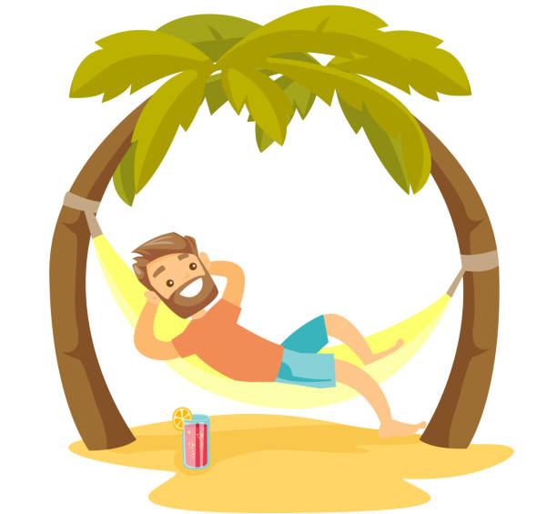 illustrazioni stock, clip art, cartoni animati e icone di tendenza di uomo bianco caucasico sdraiato sull'amaca sulla spiaggia - hammock beach vacations tropical climate
