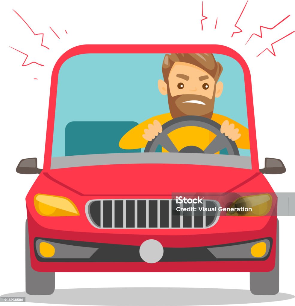 Angry caucasian man in car stuck in traffic jam Angry caucasian white man in a car stuck in traffic jam. Irritated young hipster man with beard driving a car in a traffic jam. Vector cartoon illustration isolated on white background. Square layout. Driving stock vector