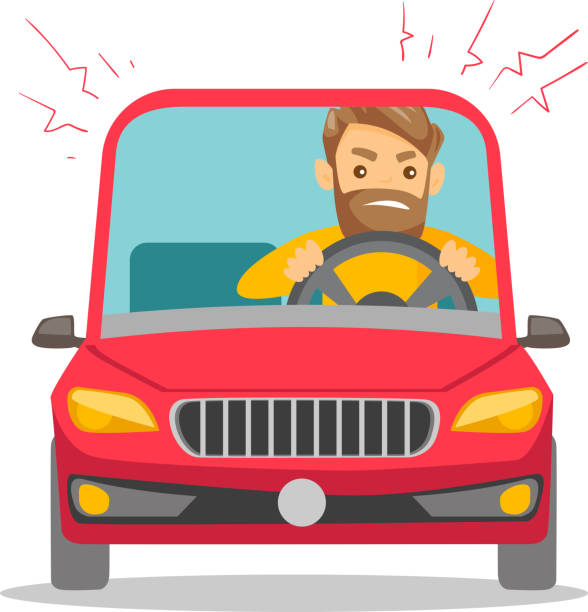 Angry caucasian man in car stuck in traffic jam Angry caucasian white man in a car stuck in traffic jam. Irritated young hipster man with beard driving a car in a traffic jam. Vector cartoon illustration isolated on white background. Square layout. car traffic jam traffic driving stock illustrations