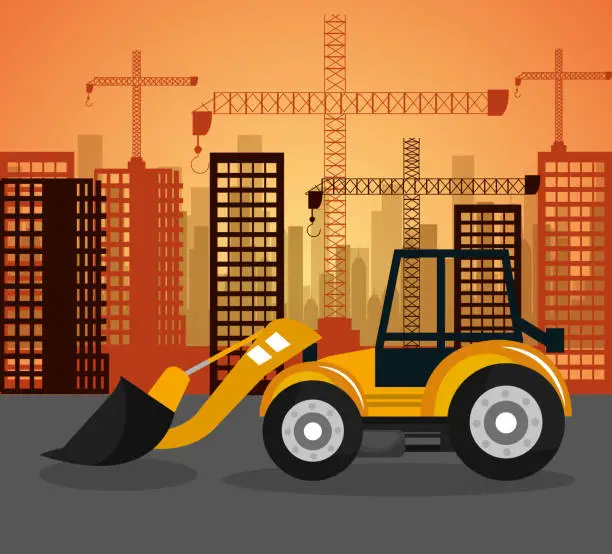 Vector illustration of heavy machinary over city construction background