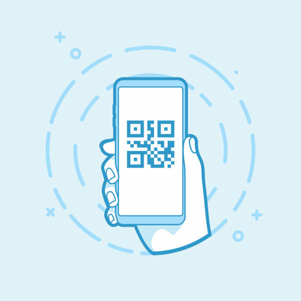 QR code icon on smartphone screen. Hand holding smartphone. QR code icon on smartphone screen. Hand holding smartphone. Modern vector outline object. scanning activity stock illustrations
