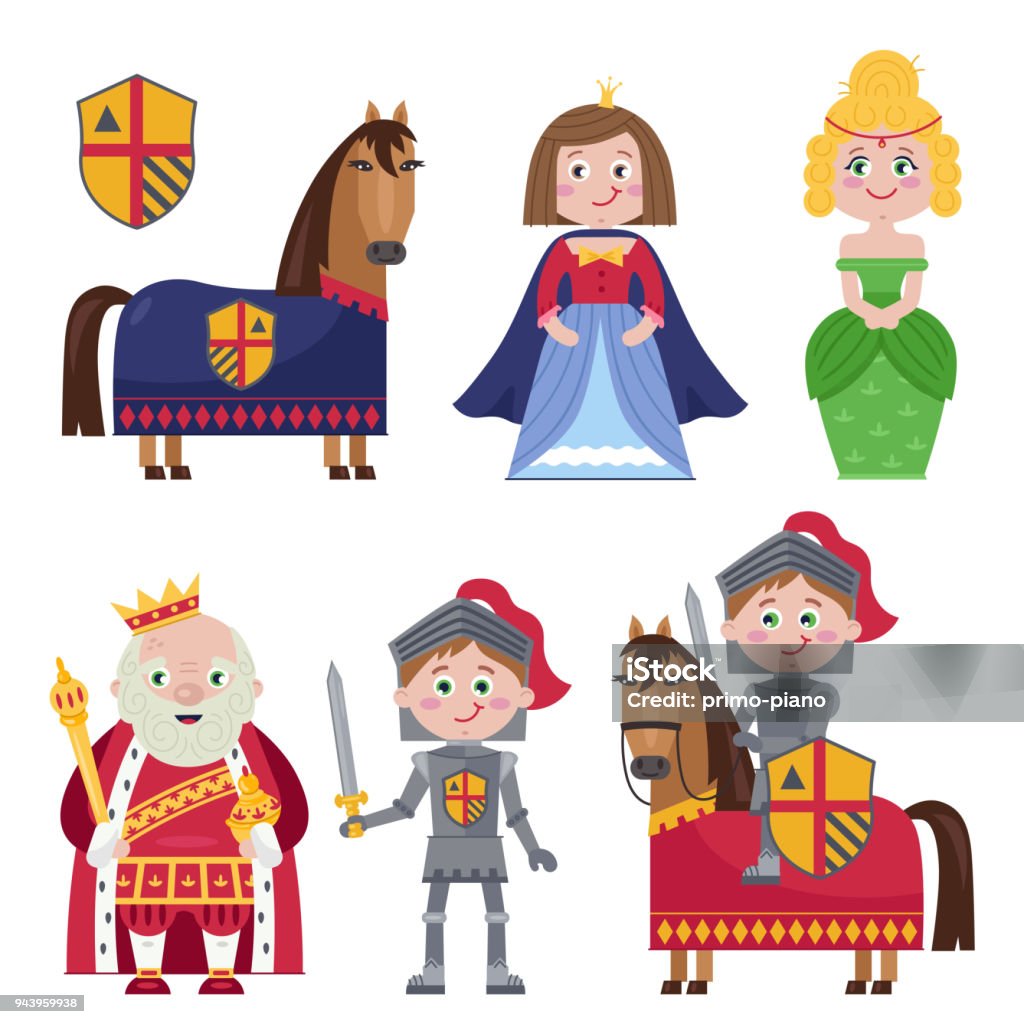 Creative set of medieval characters on white Colorful cartoon character of medieval tales showing princess and knight and king on white. Chivalry stock vector