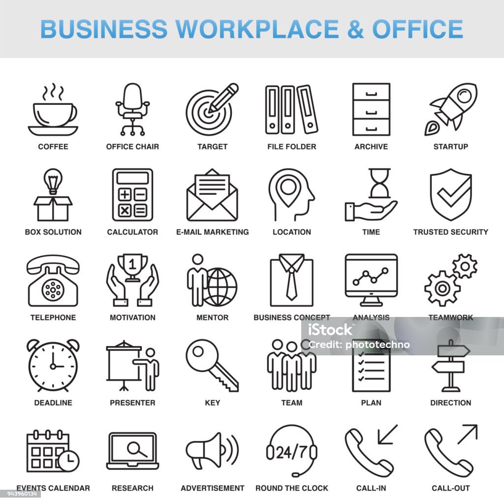 Moderne universelle Business Workplace & Office-Line-Icon-Set - Lizenzfrei Icon Vektorgrafik