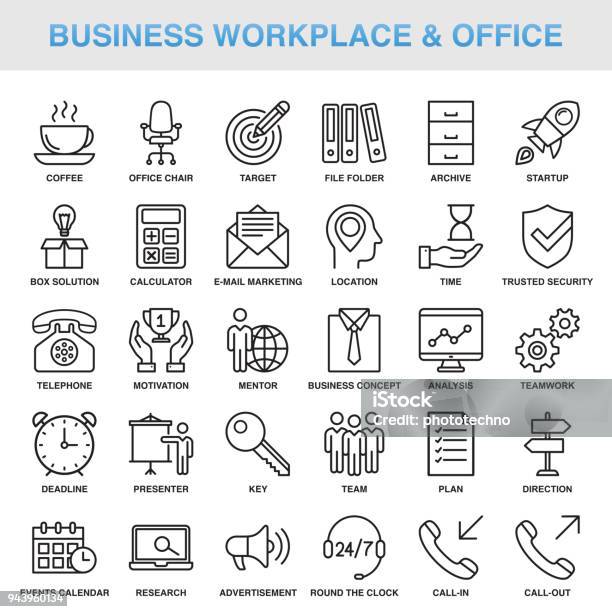 Moderne Universelle Business Workplace Officelineiconset Stock Vektor Art und mehr Bilder von Icon