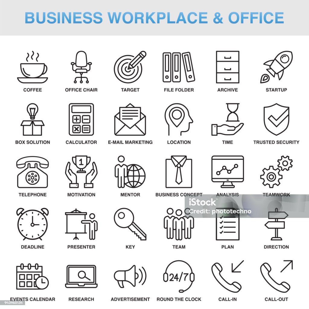 Modern Universal Business Workplace & Office Line Icon Set Icon Set stock vector