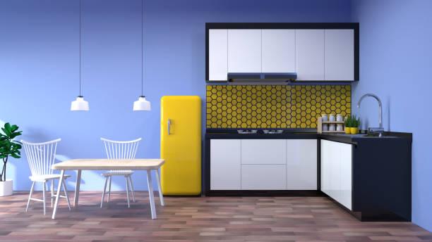 istock kitchen interior cooking modern food restaurant 3d rendering white modern design Wooden floor with lamp table and chair home background 943960190