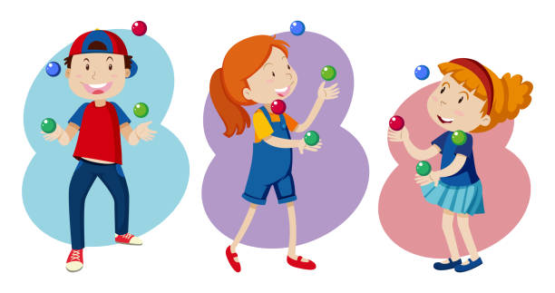 ilustrações de stock, clip art, desenhos animados e ícones de kid are playing colourful juggling - entertainment clown child circus