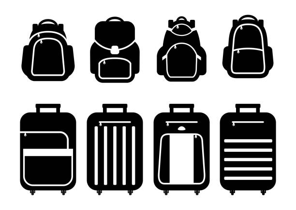 Set of suitcases silhouettes and backpack icons. Vector illustration. School backpacks. Travel suitcases on wheels. satchel bag stock illustrations