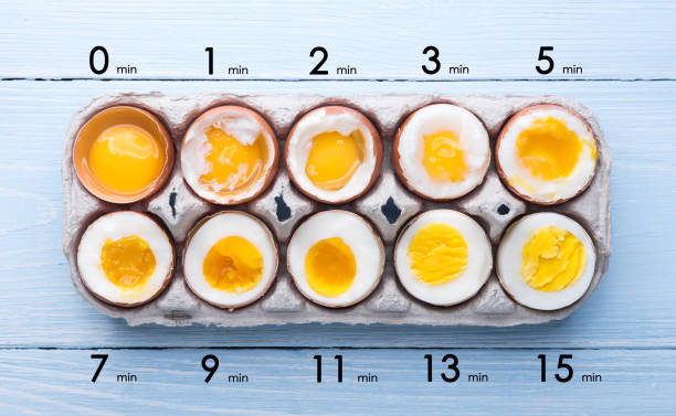 eggs in varying degrees of availability depending on the time of boiling eggs eggs in varying degrees of availability depending on the time of boiling eggs boiled photos stock pictures, royalty-free photos & images
