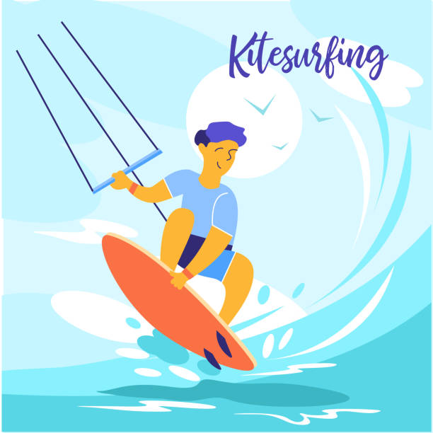 illustrazioni stock, clip art, cartoni animati e icone di tendenza di kitesurf. illustrazione vettoriale. - wakeboarding surfing men vacations