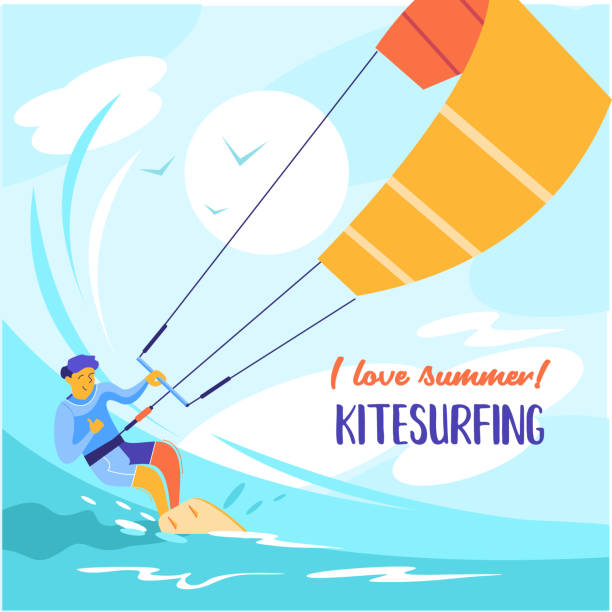 illustrazioni stock, clip art, cartoni animati e icone di tendenza di kitesurf. illustrazione vettoriale. - wakeboarding surfing men vacations
