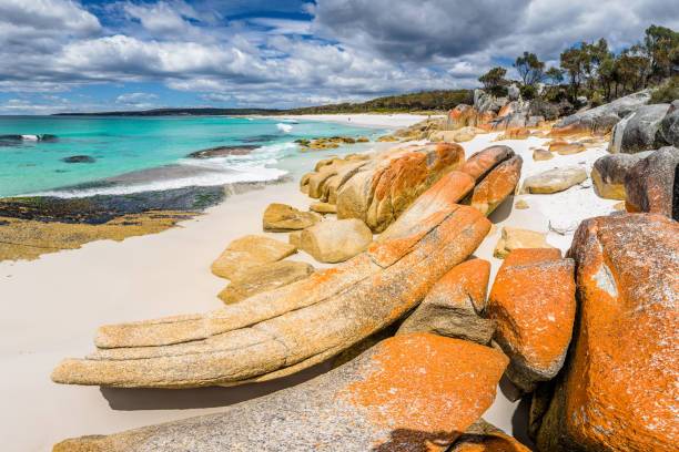 Beautiful sunny summer coast view from Bay Of Fires to blue Tasman Sea with crystal clear water surrounded by red orange colorful shore rocks hills and relaxing white sandy beach, Tasmania, Australia Bay Of Fires, Tasmania, Australia bay of fires photos stock pictures, royalty-free photos & images