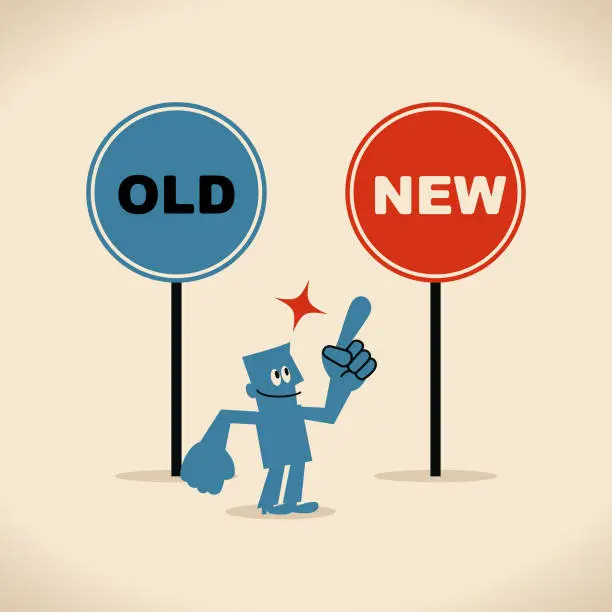 Vector illustration of The new and the old way, smiling businessman pointing at the new sign by index finger