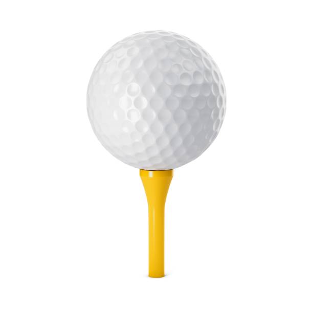 istock 3D rendering golf ball on yellow tee isolated on white 943992252