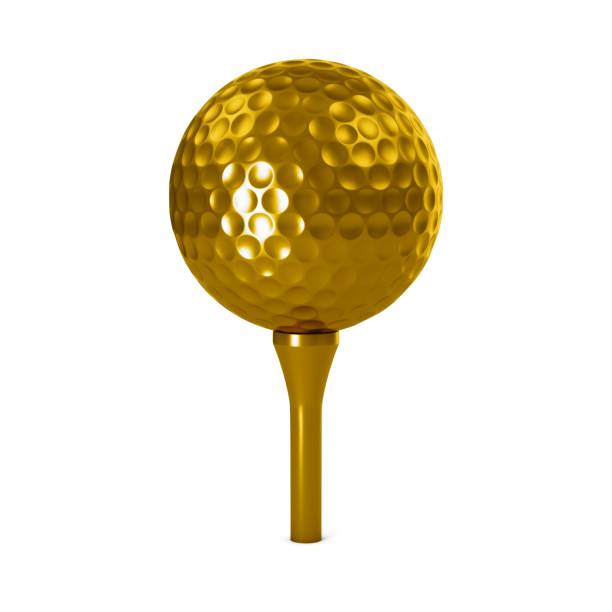 istock 3D rendering Golden golf Ball on tee isolated on white 943992322