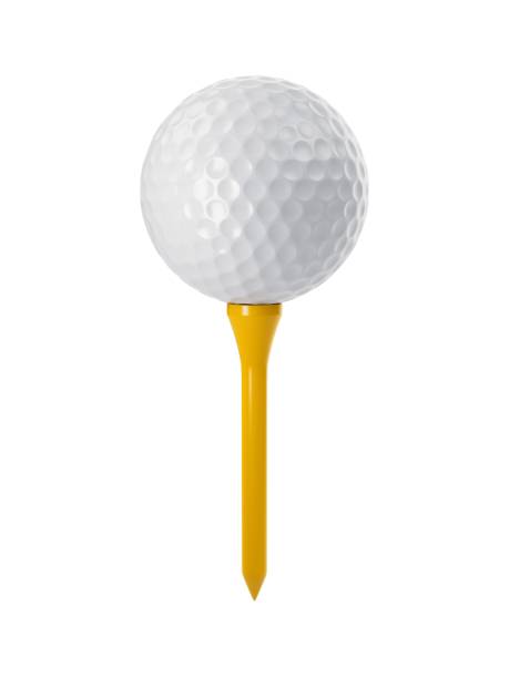 pelota de golf 3d rendering en tee amarillo aislado en blanco - tee fotografías e imágenes de stock