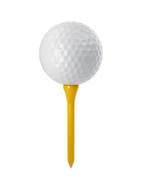 Photo of 3D rendering golf ball on yellow tee isolated on white