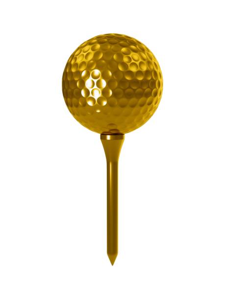 istock 3D rendering Golden golf Ball on tee isolated on white 943992430