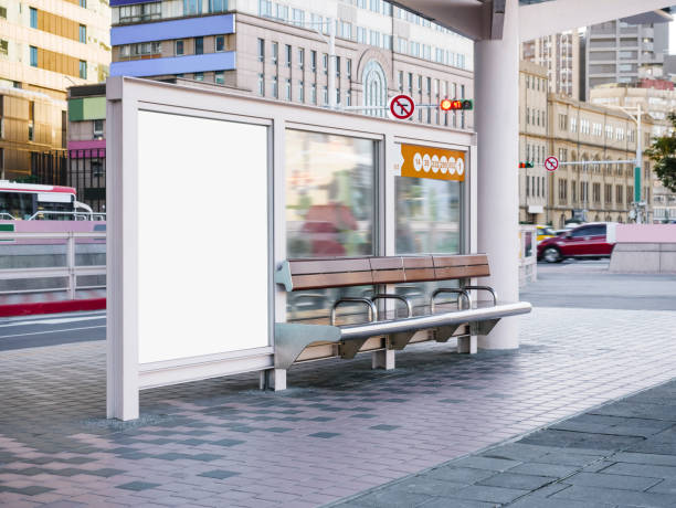 Mock up Banner template at Bus Stop Media outdoor street Sign display Mock up Banner template at Bus Stop Media outdoor city street Sign display bus shelter stock pictures, royalty-free photos & images