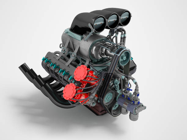 istock Car turbo red blue perspective on the left 3D render on a gray background with shadow 943995974