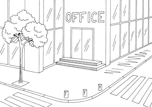 ilustraciones, imágenes clip art, dibujos animados e iconos de stock de vector de ilustración exterior calle camino gráfico ciudad blanca negro bosquejo de edificio de oficinas - office sidewalk office building built structure