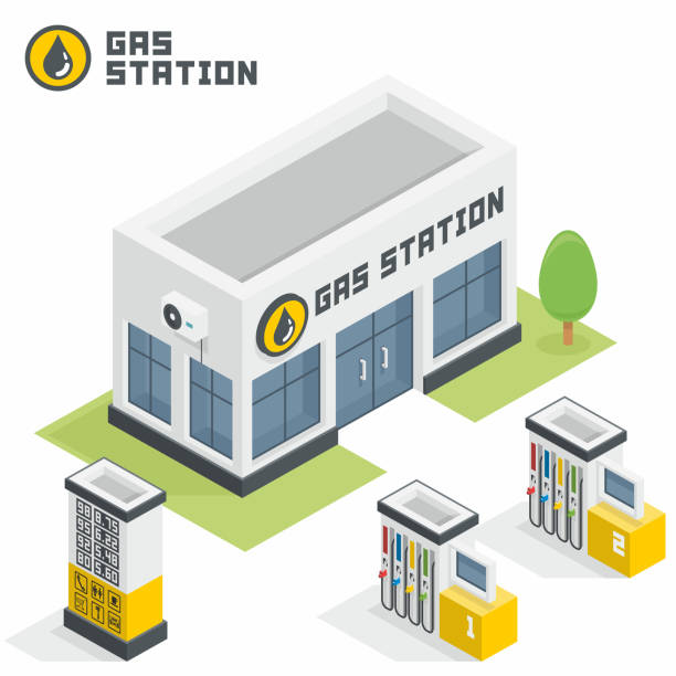 ilustrações de stock, clip art, desenhos animados e ícones de gas station building - isometric gas station transportation car