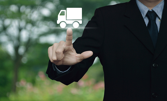 Businessman pressing truck delivery icon over blur flower and tree in park, Business transportation service concept