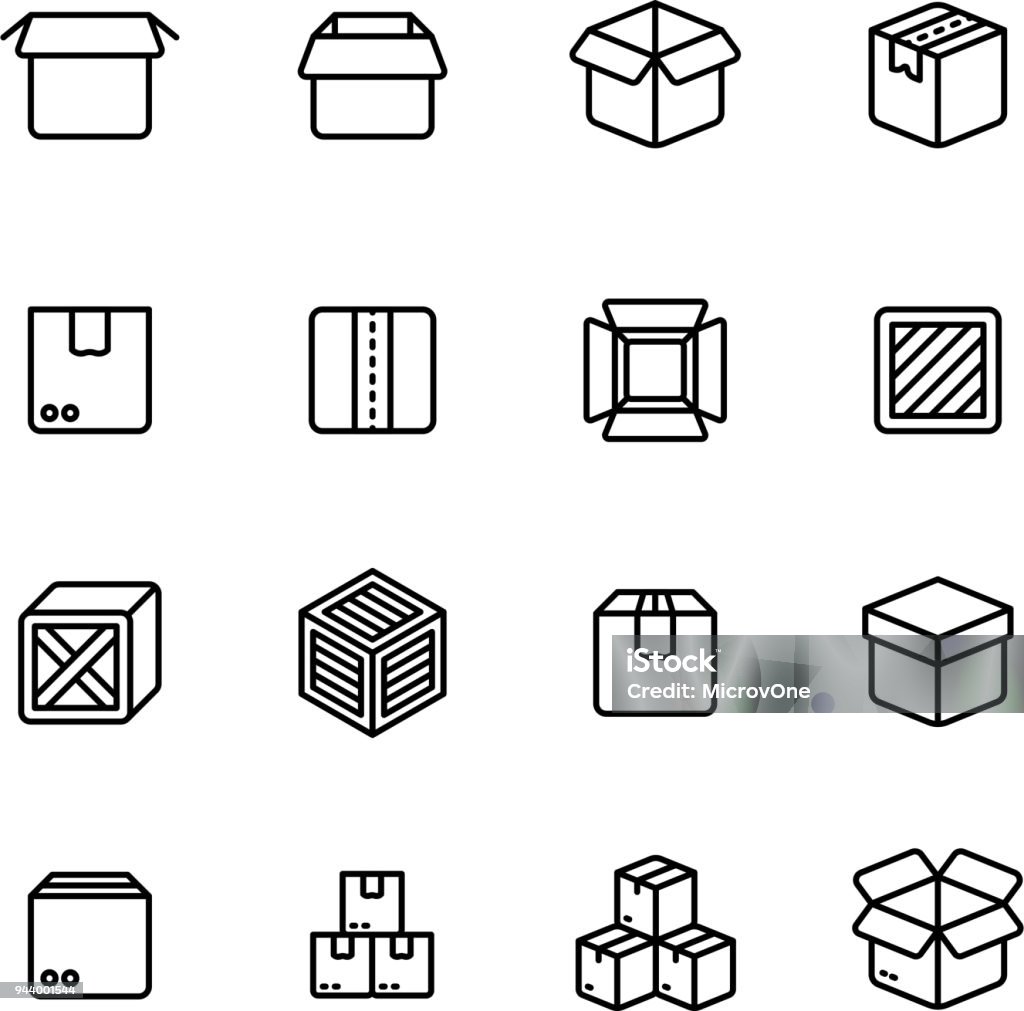 Paper and wood box line icons. Shipping packing outline vector pictograms Paper and wood box line icons. Shipping packing outline vector pictograms. Illustration of package container and cargo cardboard box Icon Symbol stock vector