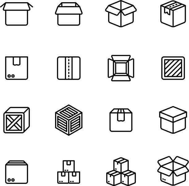 Paper and wood box line icons. Shipping packing outline vector pictograms Paper and wood box line icons. Shipping packing outline vector pictograms. Illustration of package container and cargo cardboard box wood box stock illustrations