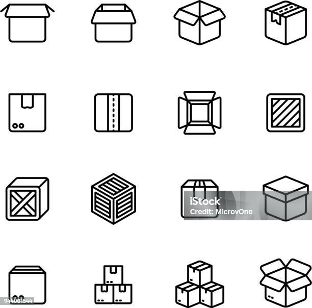 Paper And Wood Box Line Icons Shipping Packing Outline Vector Pictograms Stock Illustration - Download Image Now