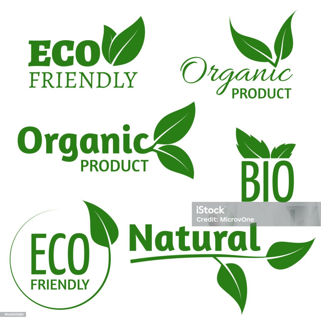 Organic eco vector logos with green leaves. Bio friendly products labels with leaf Organic eco vector logos with green leaves. Bio friendly products labels with leaf. Organic natural, bio and eco green label illustration Logo stock vector