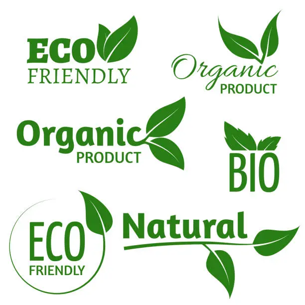 Vector illustration of Organic eco vector logos with green leaves. Bio friendly products labels with leaf