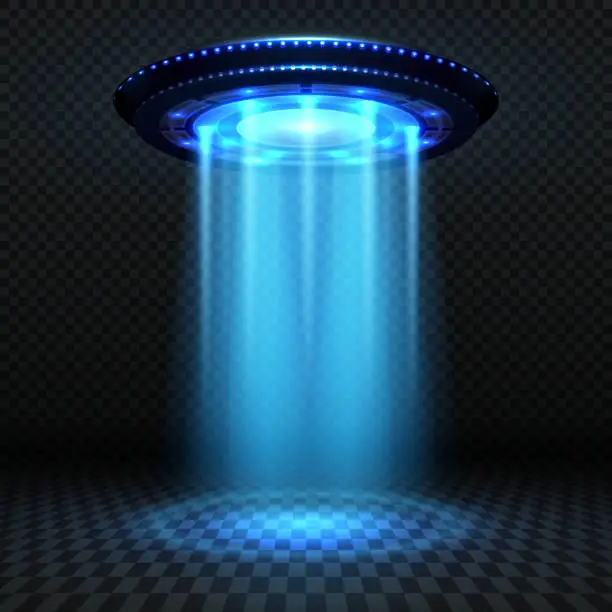 Vector illustration of Aliens futuristic spaceship, ufo with blue lights. Invasion vector concept