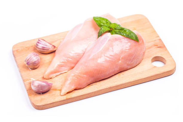 istock Raw chicken fillet with basil isolated on white 944003804