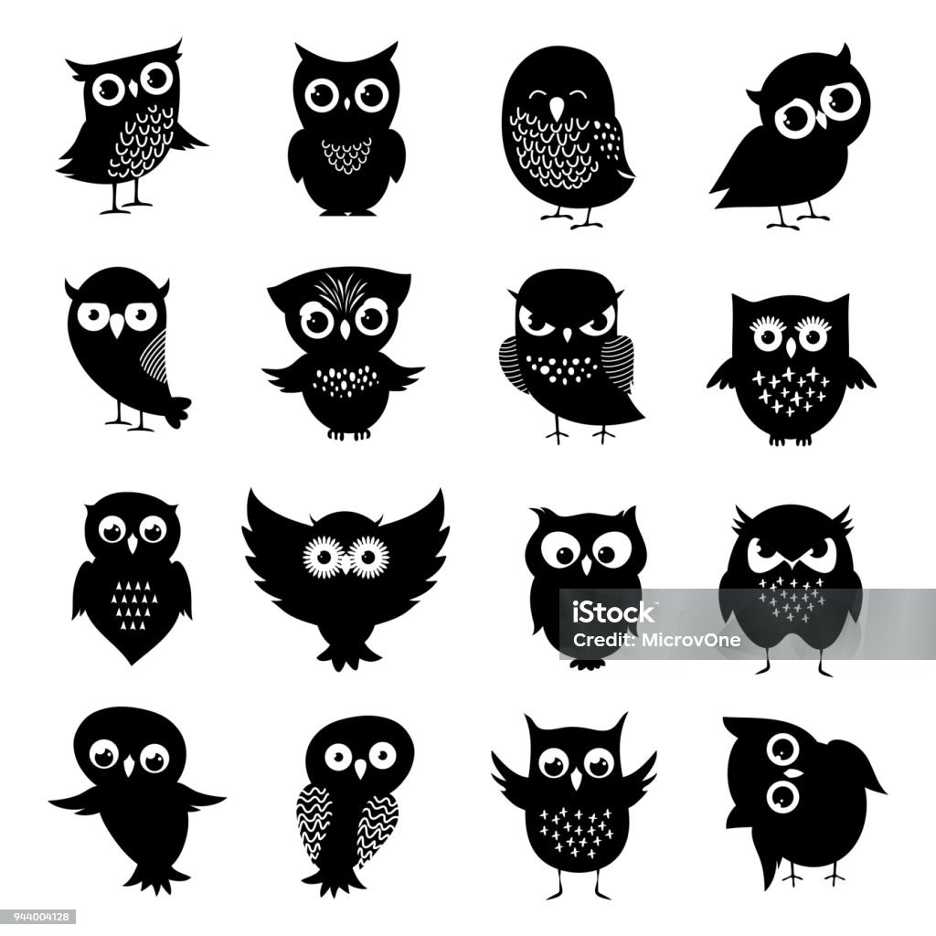 Black and white owl silhouettes set Black and white owl silhouettes set. Owl bird animal, black white owlet illustration Owl stock vector