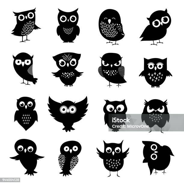Black And White Owl Silhouettes Set Stock Illustration - Download Image Now - Owl, Vector, Monochrome