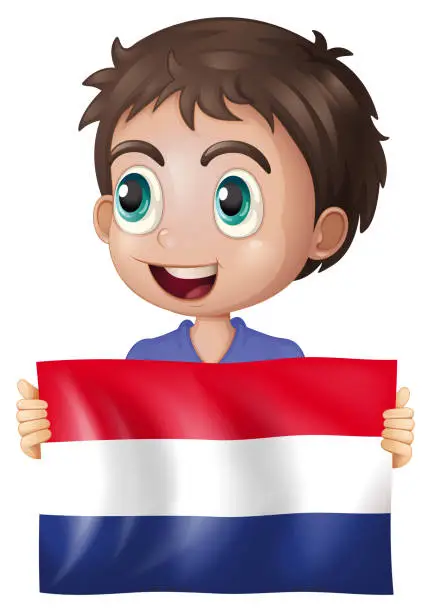 Vector illustration of Happy boy with flag of Netherlands