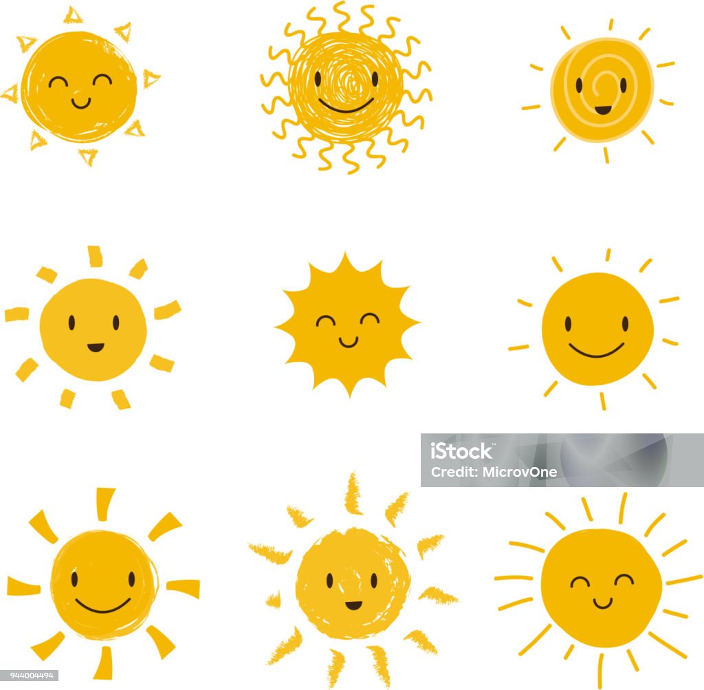Lindo sol feliz con cara sonriente. Vector de sol de verano conjunto aislado - arte vectorial de Sol libre de derechos