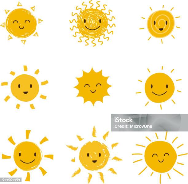 Cute Happy Sun With Smiley Face Summer Sunshine Vector Set Isolated Stock Illustration - Download Image Now