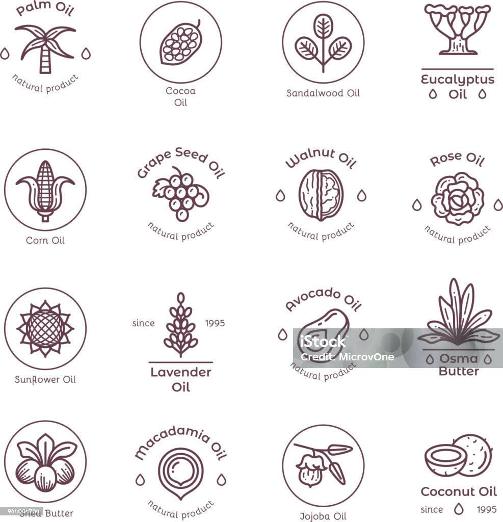 Healthy organic flower cosmetics oil linear vector labels and logos Healthy organic flower cosmetics oil linear vector labels and logos. Linear badge oil coconut and avocado, lavender and sandalwood illustration Icon Symbol stock vector