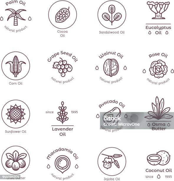 Healthy Organic Flower Cosmetics Oil Linear Vector Labels And Logos Stock Illustration - Download Image Now