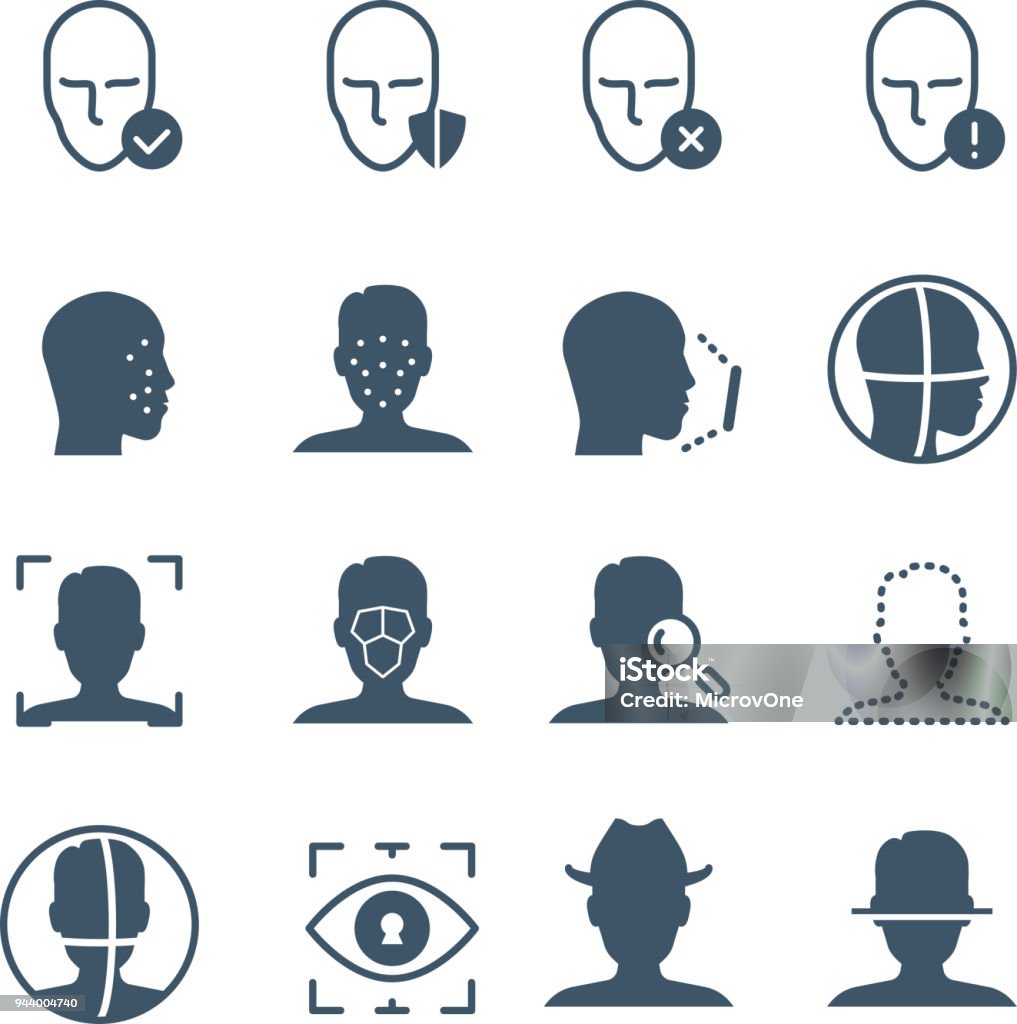 Face recognition safety software line icons. Faces and iris biometrics detection, facial laser scanning vector symbols Face recognition safety software line icons. Faces and iris biometrics detection, facial laser scanning vector symbols. Illustration of scan face software, identify human Human Face stock vector