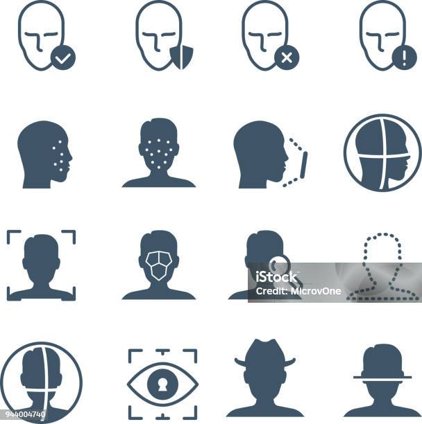 Face Recognition Safety Software Line Icons Faces And Iris Biometrics Detection Facial Laser Scanning Vector Symbols Stock Illustration - Download Image Now