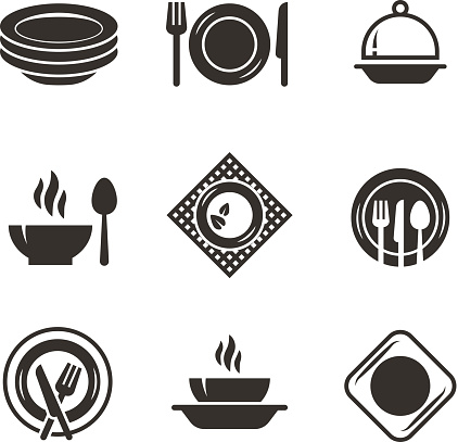 Kitchen plates and cutlery black silhouette icons. Chef and cooking emblems. Restaurant vector symbols isolated. Kitchen cooking, cook and cutlery utensil illustration