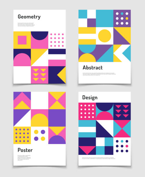Vintage swiss graphic, geometric bauhaus shapes. Vector posters in minimal modernism style Vintage swiss graphic, geometric bauhaus shapes. Vector posters in minimal modernism style. Illustration of catalog album, banner journal modernism bauhaus geometry building stock illustrations