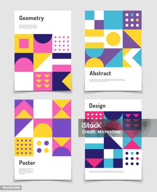 Vintage Swiss Graphic Geometric Bauhaus Shapes Vector Posters In Minimal Modernism Style Stock Illustration - Download Image Now