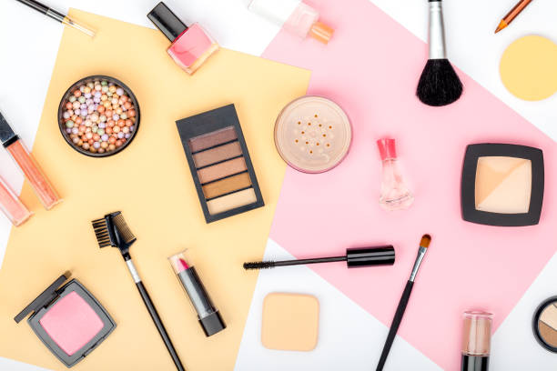 istock set of professional decorative cosmetics, makeup tools and accessory on white background. beauty, fashion, party and shopping concept. trendy flat lay composition, top view 944005016