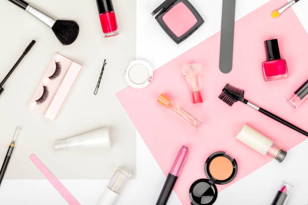 istock set of professional decorative cosmetics, makeup tools and accessory on white background. beauty, fashion, party and shopping concept. trendy flat lay composition, top view 944005320