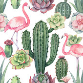 istock Watercolor vector seamless pattern of pink flamingo, cacti and succulent plants isolated on white background. 944008794