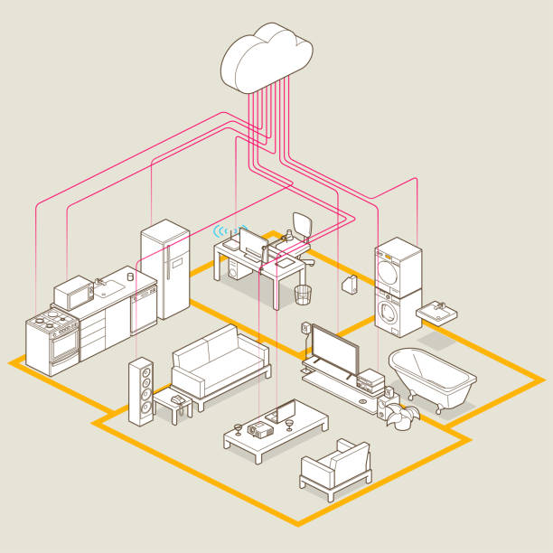 iot - projection equipment home interior house living room stock illustrations